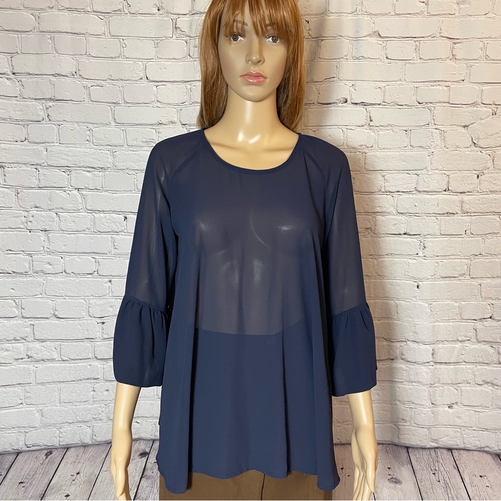 Kate Blue Chiffon Bell Sleeve Made in Italy Blouse Size S